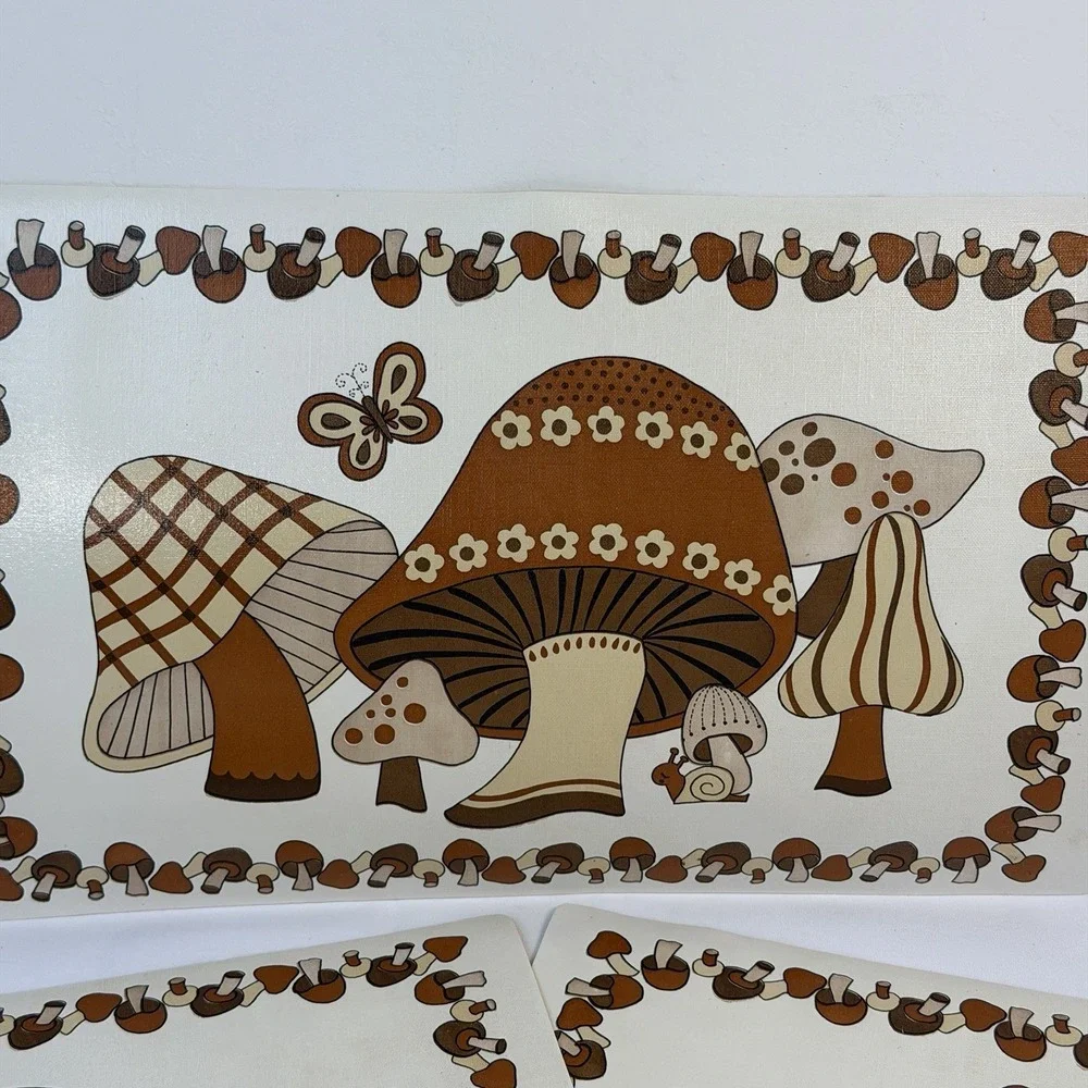 Vintage MOD Brown Mushroom Butterfly Vinyl Foam Placemat 70s Retro Lot of 4 MCM